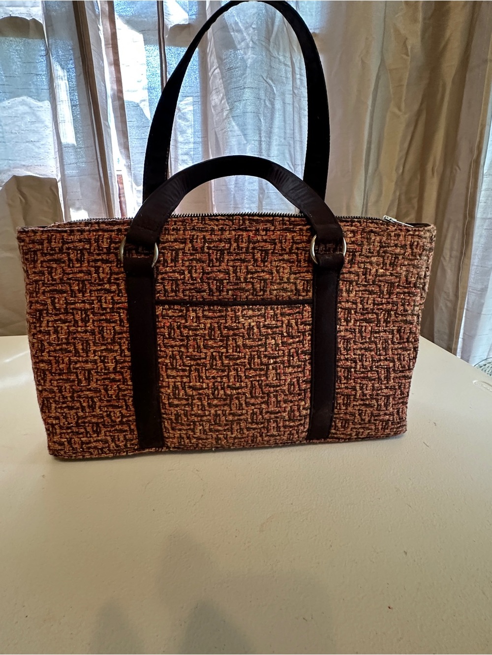 Vintage Woven Textured Tote Bag with Brown suede handles and trim.